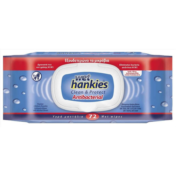 ΥΓΡΟΜΑΝΤΗΛΑ WET HANKIES ΑΝΤΙΒ/ΚΑ ΧΕΡΙΩΝ 72ΤΜΧ CLEAN & PROTECT (ΚΑΠΑΚΙ) 